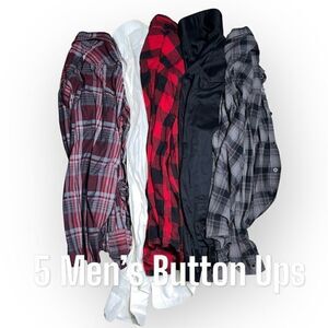 5 Men’s Button up Shirt Lot, Plaid, Buffalo Checks Solid Black & White, M/L